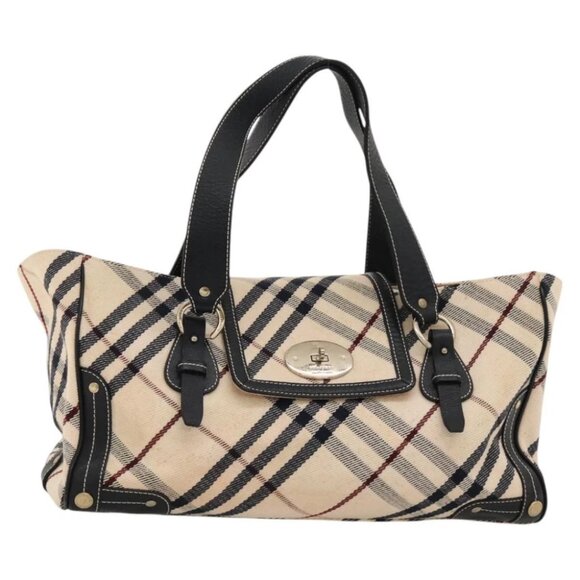 BURBERRY Nova Check Blue Label Tote Bag Canvas Beige Gold Auth 117928 - Picture 1 of 15